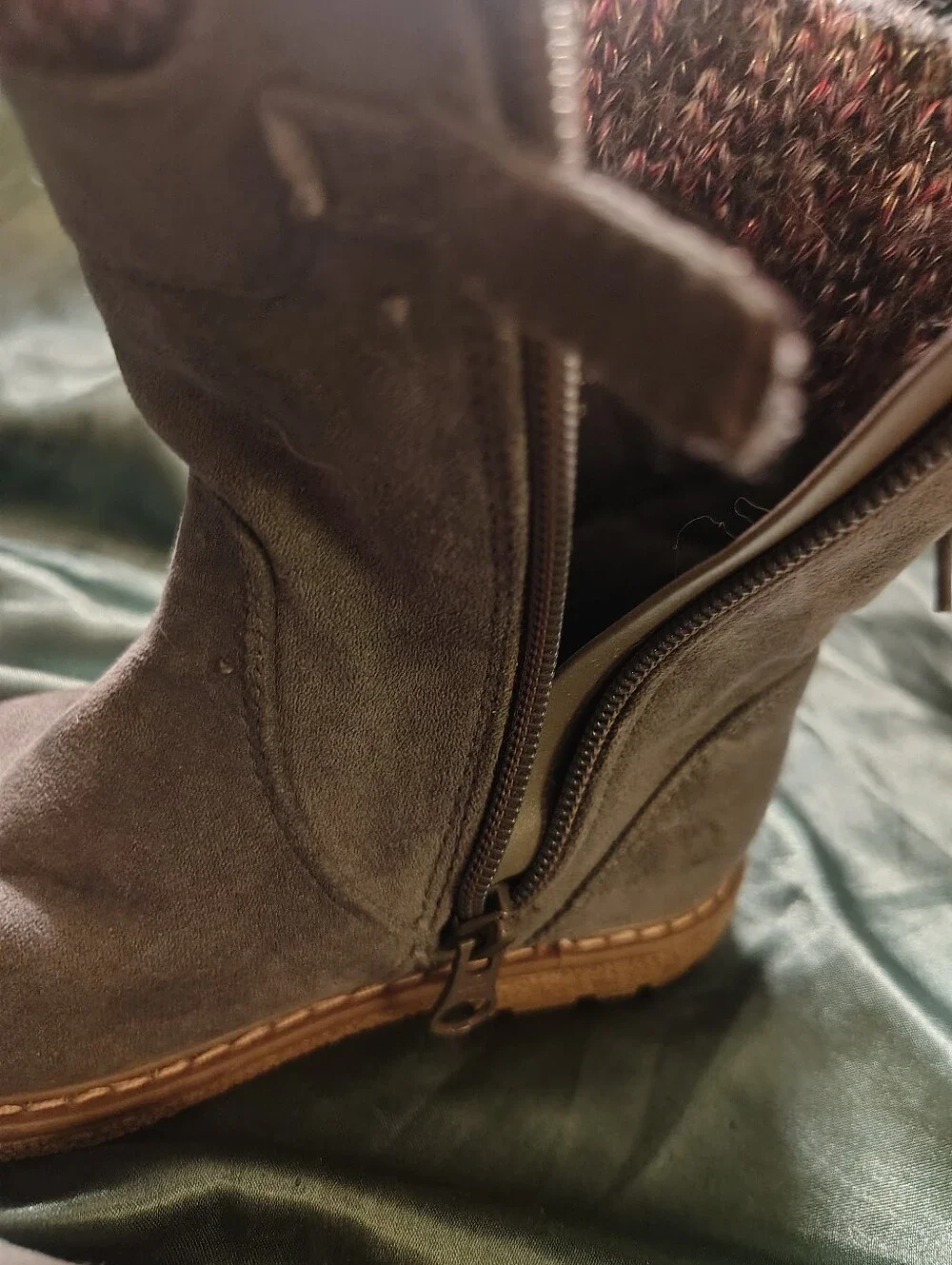 Target Girls Size 10 Grey Faux Suede Side Zip Winter Boots Sweater Cuff Back Tie